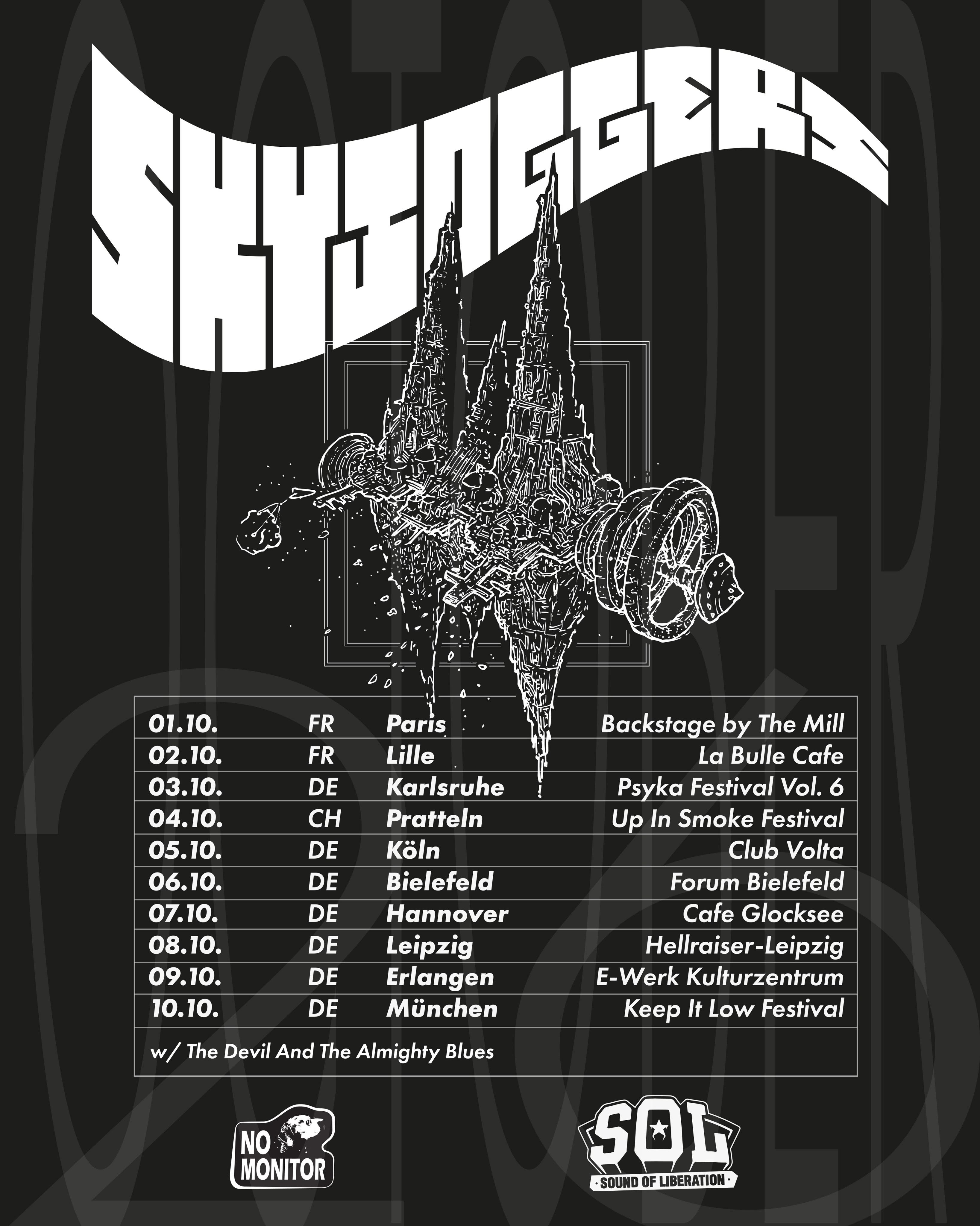Skyjoggers European tour poster, October 2026 — 01.10 Paris (Backstage by The Mill), 02.10 Lille (La Bulle Cafe), 03.10 Karlsruhe (Psyka Festival Vol. 6), 04.10 Pratteln (Up In Smoke Festival), 05.10 Köln (Club Volta), 06.10 Bielefeld (Forum Bielefeld), 07.10 Hannover (Cafe Glocksee), 08.10 Leipzig (Hellraiser-Leipzig), 09.10 Erlangen (E-Werk Kulturzentrum), 10.10 München (Keep It Low Festival), with The Devil And The Almighty Blues
